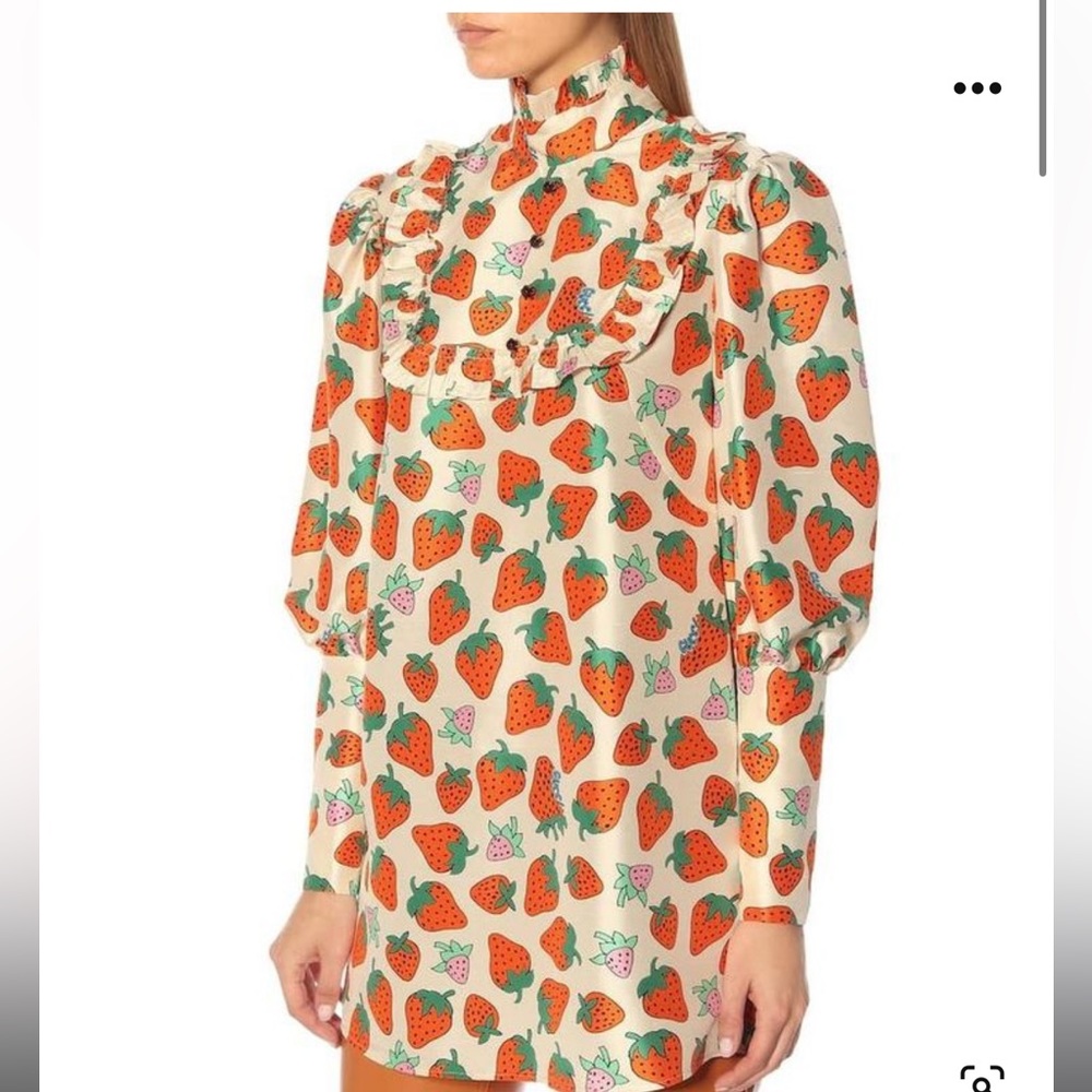 Gucci rare STRAWBERRY silk mini shift dress size M Italy high collar ruffle